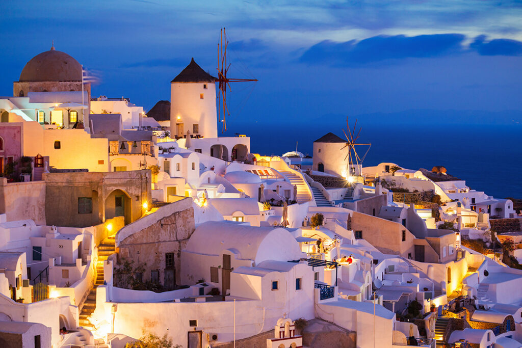 aerial view of Mykonos in the evening