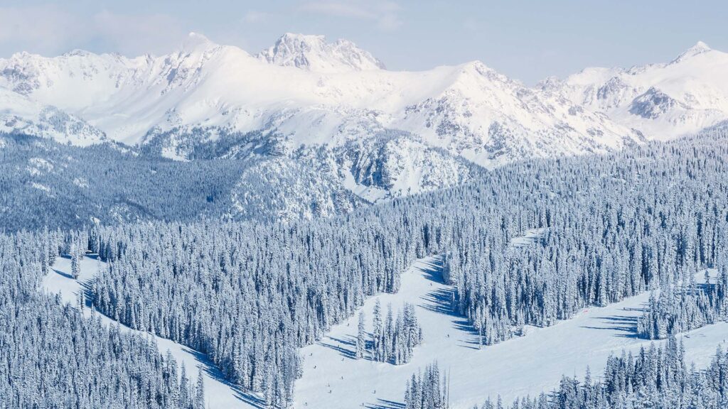 aerial view of Vail, Colorado, in the winter